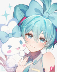  >_o 1girl absurdres aqua_eyes aqua_hair aqua_nails aqua_necktie aqua_trim arm_tattoo armpit_crease bare_shoulders bow breasts cinnamiku cinnamoroll collarbone commentary creature detached_sleeves fingernails fingers_to_cheeks fuwa_fuwa_cinnamoroll grey_shirt hair_between_eyes hair_bow hair_intakes hair_ornament hatsune_miku heart highres hug long_hair long_sleeves looking_at_another looking_at_viewer miviy19 nail_polish necktie number_tattoo one_eye_closed open_mouth sanrio shirt sleeveless sleeveless_shirt smile tattoo twintails upper_body very_long_hair vocaloid watermark 