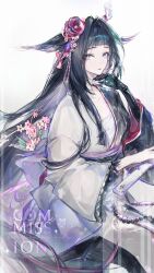  1girl absurdres arched_bangs arknights black_hair black_kimono chest_sarashi closed_mouth commission flower grey_eyes hair_flower hair_intakes hair_ornament hand_on_own_chin hand_up highres holding japanese_clothes kimono long_hair looking_at_viewer mihuashi_commission mio_(arknights) pearl_hair_ornament pink_flower red_flower sarashi simple_background solo tassel tassel_hair_ornament watermark white_background white_kimono zeyal_li_hai 