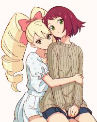  2girls alternate_costume closed_mouth commentary_request dress drill_hair fujichamo green_eyes highres hug hug_from_behind long_hair looking_at_viewer luna_platz_(mega_man) mega_man_(series) mega_man_star_force_(series) multiple_girls purple_hair ribbed_sweater shirt short_hair simple_background sitting sonia_strumm_(mega_man) sweater twin_drills white_background white_dress white_shirt 