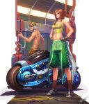  1girl brown_hair cable cigarette garage glasses gloves gotgituey hands_on_hips motor_vehicle motorcycle navel original scooter shirtless shoes signature smoking socks suspenders tank_top tattoo thumbs_up vehicle white_hair 