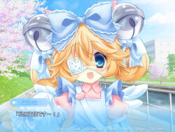  1girl 2000s_(style) apron bell blonde_hair blue_apron blue_bow blue_eyes bow character_name cocoa_(kumamoricocoa) commission cutesu_(character) double_bun dress eyepatch fake_screenshot faux_retro_artstyle frills hair_bell hair_bow hair_bun hair_ornament jingle_bell long_sleeves looking_at_viewer medical_eyepatch original outdoors pink_dress sleeves_past_fingers sleeves_past_wrists smile solo translation_request upper_body video_game_dialogue_box visual_novel wings 