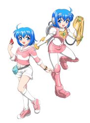  1girl ahoge arm_cannon armor armored_boots blue_eyes blue_hair bodysuit boots breast_pocket chiisana_kyojin_microman:_uborg_senki_2010 commentary_request fanny_pack female_protagonist_(chiisana_kyojin_microman:_uborg_senki_2010) full_body hand_up highres holding kneehighs mechanical_wings microman midriff_peek miniskirt multiple_views official_artist_extra open_mouth oyomesandazo pink_armor pink_shirt pink_shoes pink_skirt pocket sailor_collar shirt shoes short_hair short_shorts shorts simple_background skirt smile socks standing standing_on_one_leg striped_clothes striped_shirt watch watch weapon white_background white_bodysuit white_sailor_collar white_shorts white_socks wings 