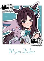  1girl animal_ears aqua_bow blush bow breasts brown_hair center_frills character_name closed_mouth colored_sclera ear_bow espeon forehead_jewel frills gloves hair_ornament heart highres horse_ears horse_girl long_hair looking_at_viewer mejiro_dober_(off_the_line)_(umamusume) mejiro_dober_(umamusume) pokemon pokemon_(creature) purple_fur purple_sclera saramiao-chan shirt sleeveless sleeveless_shirt smile umamusume violet_eyes white_gloves white_shirt 