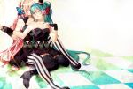  akatsuki_(4941086) aqua_eyes aqua_hair bare_shoulders checkered checkered_floor closed_eyes eyes_closed fingerless_gloves gloves hand_holding hat hatsune_miku headphones high_heels holding_hands long_hair magnet_(vocaloid) megurine_luka mini_top_hat multiple_girls pantyhose pink_hair shoes sitting thigh-highs thighhighs top_hat vertical-striped_legwear vertical_stripes very_long_hair vocaloid yuri 