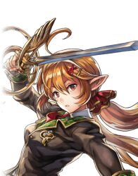  1girl another_eden another_eden_art_team arm_up black_jacket blazer breasts brown_hair elf from_side hair_ornament hair_ribbon holding holding_sword holding_weapon jacket long_hair long_sleeves low_twintails lowres medium_breasts official_art outstretched_arm parted_lips plaid_clothes pointy_ears red_eyes red_ribbon ribbon ruina_(another_eden) school_uniform simple_background solo sword tachi-e third-party_source transparent_background twintails upper_body variant_set very_long_hair weapon x_hair_ornament 