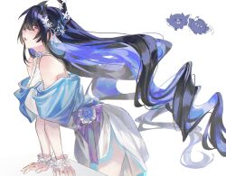  1girl absurdres alternate_costume asymmetrical_horns bare_shoulders black_hair blue_hair blush bow commentary dress halterneck highres hololive hololive_english horns jailbird_(nerissa_ravencroft) leaning_forward legzy multicolored_hair nerissa_ravencroft open_mouth red_eyes solo two-tone_hair untranslatable_commentary virtual_youtuber white_dress 