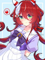  1girl animal_ears blush bow bowtie breasts closed_mouth collarbone commentary_request ear_covers feather_hair_ornament feathers green_eyes hair_between_eyes hair_ornament heart highres horse_ears horse_girl horse_tail long_hair looking_at_viewer low_twintails meineko_lui pleated_skirt puffy_short_sleeves puffy_sleeves purple_bow purple_bowtie purple_shirt red_hair sailor_collar sailor_shirt school_uniform shirt short_sleeves skirt small_breasts smile solo spoken_heart tail tracen_school_uniform twintails umamusume white_sailor_collar white_skirt win_variation_(umamusume) 