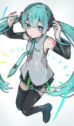  1girl aqua_eyes aqua_hair aqua_nails aqua_necktie arms_up bare_shoulders birthday black_boots black_skirt boots commentary detached_sleeves full_body grey_background grey_shirt happy_birthday hatsune_miku headset highres long_hair looking_at_viewer nail_polish necktie number_tattoo pleated_skirt shirt shoulder_tattoo simple_background skirt sleeveless sleeveless_shirt solo sunimi_5 tattoo thigh_boots very_long_hair vocaloid 
