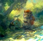  branch grotle highres holding holding_book looking_down neck_ribbon neckerchief no_humans open_book outdoors pmd-explorers pokemon pokemon_(creature) purple_ribbon purplekecleon reading ribbon river sad standing tree turtwig vulpix 