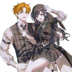  1boy 1girl alternate_costume alternate_hair_length_(longer) alternate_hairstyle artist_request belt beret black_belt blonde_streaks blush braid brother_and_sister brown_eyes brown_hair brown_jacket brown_pants brown_shirt brown_skirt brown_vest collared_shirt commentary_request commission curtained_hair dot_nose earrings frilled_skirt frills green_eyes green_necktie hand_in_pocket hat highres jacket jewelry korean_commentary lapels long_hair long_sleeves looking_at_viewer multicolored_hair necktie open_mouth orange_hair pants parted_bangs plaid_clothes plaid_hat plaid_skirt plaid_vest project_sekai puffy_long_sleeves puffy_sleeves second-party_source shinonome_akito shinonome_ena shirt short_hair siblings skirt smile streaked_hair swept_bangs teeth upper_teeth_only very_long_hair very_short_hair vest white_background 