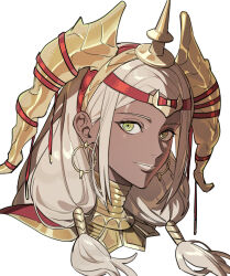  1girl absurdres blonde_hair closed_mouth commentary_request dark-skinned_female dark_skin earrings fake_horns fire_emblem fire_emblem:_fortune's_weave gold_earrings green_eyes headpiece highres hoop_earrings horned_headwear horns jewelry looking_at_viewer portrait simple_background smile solo theodora_(fire_emblem) toho10min white_background 