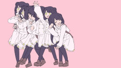  1girl \||/ arm_up bag black_hair black_pantyhose blunt_bangs bread bread_slice brown_shoes buttons closed_eyes commentary_request double-breasted double_bun eating food full_body hair_bun holding holding_food holding_phone kyu-kurarin_(cevio) long_hair long_sleeves multiple_views nise_dorothia open_mouth original pantyhose phone pink_background pleated_skirt sailor_collar school_bag school_uniform serafuku shirt shoes simple_background skirt standing sweatdrop teeth toast twintails upper_teeth_only white_background white_sailor_collar white_serafuku white_shirt white_skirt yellow_eyes 