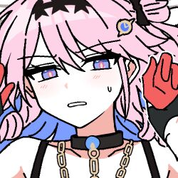  1boy 1girl black_bow black_gloves bow chain commentary_request denia_(wuthering_waves) gloves hair_bow hair_ornament hands_up holding_another's_wrist korean_commentary light_blush lix_(iroiro3843) long_hair looking_at_viewer lowres male_rover_(wuthering_waves) parted_lips pink_hair portrait pov pov_hands red_gloves rover_(wuthering_waves) solo_focus sticker_(medium) sweatdrop violet_eyes wuthering_waves 