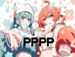  2girls 4b-enpitsu aqua_eyes aqua_hair black_hair blue_jacket blush choker commentary crop_top film_grain hair_between_eyes hatsune_miku highres holding_hands interlocked_fingers jacket kasane_teto long_hair looking_at_viewer multiple_girls open_mouth orange_eyes orange_hair pppp_(vocaloid) ribbon_choker sleeves_past_fingers sleeves_past_wrists song_name twintails utau vocaloid 