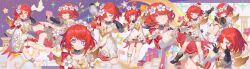  6+girls absurdres black_gloves blue_eyes book cross-shaped_pupils dongxu dress flower gloves hair_flower hair_ornament hair_over_one_eye head_wreath highres holding holding_book honkai:_star_rail honkai_(series) incredibly_absurdres multiple_girls open_mouth pointy_ears red_hair short_hair siblings symbol-shaped_pupils trianne_(honkai:_star_rail) tribbie_(honkai:_star_rail) trinnon_(honkai:_star_rail) triplets white_dress 