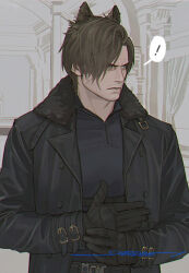  ! 1boy adjusting_clothes animal_ears artist_name beard_stubble black_gloves black_jacket black_shirt brown_hair dog_ears extra_ears facial_hair fur-trimmed_jacket fur_trim gloves grey_eyes jacket kemonomimi_mode leon_s._kennedy male_focus mature_male parted_bangs resident_evil resident_evil_requiem sardine_(kjr0313) shirt short_hair solo spoken_exclamation_mark stubble upper_body 