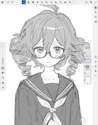  1girl ahoge blush closed_mouth curly_hair drill_hair expressionless glasses greyscale highres itomaki_(itoma_11010) kasane_teto long_sleeves looking_at_viewer monochrome neckerchief own_hands_together round_eyewear sailor_collar school_uniform screenshot serafuku sidelocks sketch solo twin_drills twintails unfinished upper_body user_interface utau 