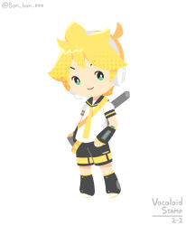  1boy ahoge black_sailor_collar black_shorts blonde_hair bon_bon_eee chibi chibi_only commentary copyright_name detached_sleeves english_commentary full_body green_eyes headset highres kagamine_len looking_at_viewer male_focus necktie sailor_collar shirt short_hair shorts simple_background smile solo twitter_username v-shaped_eyebrows vocaloid white_background white_shirt yellow_necktie 