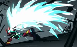 1boy armor from_behind full_body glowing grey_background helmet highres long_hair male_focus mega_man_(series) mega_man_zero_(series) nora_(amongusfartvore) red_armor red_helmet solo zero(z)_(mega_man) zero_(mega_man) 