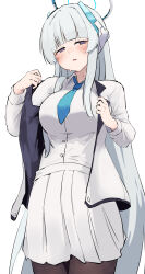  1girl black_pantyhose blue_archive blue_halo blue_necktie blush breasts collared_shirt commentary_request half-closed_eyes halo highres jacket large_breasts long_hair long_sleeves looking_at_viewer mechanical_halo morishin546 multicolored_halo necktie noa_(blue_archive) pantyhose shirt sidelocks simple_background skirt solo two-tone_halo undressing very_long_hair violet_eyes white_background white_hair white_halo white_jacket white_shirt white_skirt 