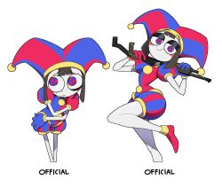  1girl amazingbababa asymmetrical_gloves black_hair blue_eyes blue_gloves blue_hat colored_skin commentary comparison english_commentary english_text fortnite frown gloves gun hat highres holding holding_behind_neck holding_gun holding_weapon jester_cap mismatched_gloves multicolored_eyes multiple_views pomni_(the_amazing_digital_circus) red_eyes red_gloves red_hat red_shoes shoes smile the_amazing_digital_circus two-tone_eyes two-tone_hat weapon white_skin 