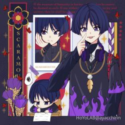  1boy absurdres ayacchirin black_sweater blue_hair blunt_ends chibi closed_mouth feathers genshin_impact headphones headphones_around_neck highres jewelry long_sleeves male_focus multicolored_sweater multiple_views necklace scaramouche_(genshin_impact) short_hair smile sweater tongue tongue_out violet_eyes wanderer_(genshin_impact) 