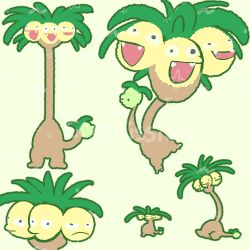  :d alolan_exeggutor black_eyes chibi chibi_inset commission fangs full_body joo_gumoon long_neck looking_at_viewer lowres multiple_heads multiple_views no_humans open_mouth palm_tree pokemon pokemon_(creature) pokemon_focus simple_background smile solo standing tree yellow_background 