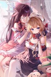  2girls absurdres alternate_costume bare_shoulders black_gloves black_hair blue_eyes breasts brown_hair closed_mouth colored_inner_hair columbina_(genshin_impact) curtains detached_sleeves eye_mask genshin_impact gloves guzangnanfeng headdress highres indoors long_hair looking_at_viewer mask multicolored_hair multiple_girls pantyhose purple_hair revision sandrone_(genshin_impact) short_sleeves sitting stuffed_animal stuffed_toy teddy_bear unusually_open_eyes very_long_hair violet_eyes white_gloves white_pantyhose window 
