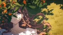 1girl absurdres bang_dream! bang_dream!_it's_mygo!!!!! blue_eyes brown_hair chinese_commentary collarbone commentary_request dress gold_necklace grass highres jewelry long_hair lying muonrei00 nagasaki_soyo necklace on_back one_eye_covered outdoors parted_bangs parted_lips partially_shaded_face shadow solo tree upper_body white_dress 