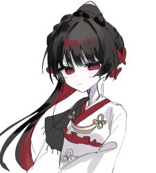  1girl aiguillette black_hair braid butterfly_hair_ornament closed_mouth commentary_request furisode hair_ornament harumaking highres japanese_clothes kimono long_hair long_sleeves looking_at_viewer mahou_shoujo_no_inshuu_mura mahou_shoujo_no_majo_saiban nikaido_hiro ponytail red_eyes simple_background solo two-tone_kimono upper_body white_background white_kimono 