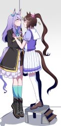  absurdres akasukiane04 animal_ears aqua_bow aqua_socks blue_eyes bow brown_hair coat ear_bow ear_ribbon frilled_coat frilled_jacket frills high_ponytail highres horse_ears horse_girl horse_tail horseshoe_ornament jacket lifting_person mejiro_mcqueen_(frontline_elegance)_(umamusume) mejiro_mcqueen_(umamusume) multicolored_hair ponytail purple_hair purple_shirt sailor_collar sailor_shirt school_uniform shirt single_hair_streak socks stairs streaked_hair summer_uniform sweatdrop tail tokai_teio_(umamusume) tracen_school_uniform tracen_training_uniform two-tone_skirt umamusume violet_eyes white_streaks yuri 