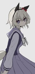  1girl absurdres animal_ears black_hairband bow bowtie breasts closed_mouth commentary_request curren_chan_(umamusume) ear_bow ear_covers grey_hair hair_between_eyes hairband highres horse_ears horse_girl horse_tail long_sleeves looking_at_viewer pleated_skirt purple_sailor_collar purple_serafuku purple_shirt purple_skirt red_bow sailor_collar school_uniform serafuku shirt short_hair skirt solo tail tofu_thunder tracen_school_uniform umamusume violet_eyes white_bow white_bowtie 
