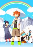  3boys casual cloud clouds dog inazuma_eleven inazuma_eleven_(series) inazuma_eleven_go kusa_chuu matsukaze_tenma multiple_boys nishizono_shinsuke rainbow raincoat sasuke_(inazuma_eleven) short_hair smile sorano_aoi tsurugi_kyousuke umbrella water 