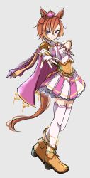  1girl absurdres animal_ears armor boots breasts cape closed_mouth commentary crown english_commentary fingerless_gloves gloves gold_boots gold_corset hair_between_eyes highres horse_ears horse_girl horse_tail jewelry long_sleeves looking_at_viewer medium_breasts mini_crown multiple_rings orange_hair orange_tail pink_cape pink_crown ring shirt short_hair shoulder_armor simple_background single_fingerless_glove skirt smile solo t.m._opera_o_(o_sole_suo!)_(umamusume) t.m._opera_o_(umamusume) tail thigh-highs tofu_thunder two-tone_skirt umamusume umamusume:_road_to_the_top violet_eyes white_shirt white_thighhighs 