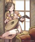  armpits asymmetrical_bangs bangs braid breasts brown_eyes brown_hair character_request couch feathers hair_feathers headdress instrument leg_garter lena_(zoal) lute_(instrument) master_bard mole no_panties playing_instrument shingeki_no_bahamut short_hair side_slit sideboob sitting smile solo watermark window wink 