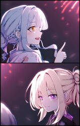  2girls aerial_fireworks bang_dream! bang_dream!_it's_mygo!!!!! black_kimono blonde_hair braid chain's commentary_request fireworks hair_bun highres japanese_clothes kimono looking_at_another misumi_uika multiple_girls open_mouth single_hair_bun togawa_sakiko violet_eyes white_background yellow_eyes 