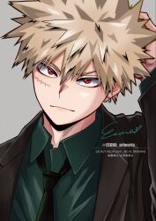  1boy alternate_costume bakugou_katsuki black_jacket black_necktie blonde_hair boku_no_hero_academia closed_mouth collared_shirt commentary_request double-parted_bangs earrings esora-arts formal_clothes green_shirt grey_background hair_between_eyes highres jacket jewelry lapels long_sleeves looking_at_viewer male_focus necktie notched_lapels piercing red_eyes sanpaku scar scar_on_cheek scar_on_face shirt short_hair signature simple_background solo spiky_hair suit_jacket twitter_username upper_body watermark wing_collar 