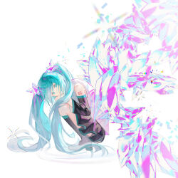  1girl aqua_eyes aqua_hair black_boots black_skirt black_sleeves boots crystal_wings detached_sleeves fogstars from_side hair_ornament hatsune_miku highres looking_at_viewer number_tattoo skirt solo squatting star_(symbol) star_hair_ornament tattoo twintails vocaloid white_background wings 