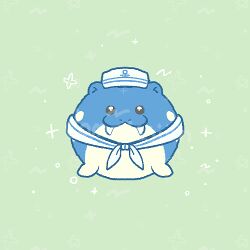  :3 animal_focus black_eyes blue_fur bright_pupils chibi closed_mouth commission fangs fangs_out full_body green_background hat joo_gumoon looking_at_viewer lowres no_humans pokemon pokemon_(creature) pokemon_focus sailor_collar seal_(animal) simple_background solo spheal standing two-tone_fur white_fur white_hat white_pupils white_sailor_collar 