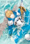  1boy armor blonde_hair excalibur fate/prototype fate_(series) green_eyes looking_up mio910 partially_submerged saber_(fate/prototype) short_hair solo sword weapon wings 