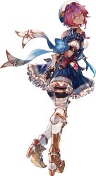  1girl absurdres armored_boots arms_behind_back asymmetrical_sleeves atelier_(series) atelier_karia back_ribbon backboob benitama black_gloves black_thighhighs blue_ribbon blue_skirt boots breasts brown_corset closed_mouth corset dark-skinned_female dark_skin fina_rozen fingerless_gloves gloves gradient_hair hair_between_eyes hand_on_own_arm hat highres looking_at_viewer multicolored_hair official_art protected_link puffy_short_sleeves puffy_sleeves purple_hair red_hair ribbon second-party_source short_hair short_sleeves simple_background skirt smile solo tan thigh-highs thigh_boots transparent_background uneven_sleeves violet_eyes 