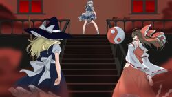  3girls apron aurora_(wdc1234555) back_bow blonde_hair blue_dress blue_eyes blue_hat blue_skirt blue_vest bow braid brown_eyes brown_hair commentary detached_sleeves dress english_commentary frilled_bow frilled_hair_tubes frills gohei green_bow grey_hair hair_bow hair_tubes hakurei_reimu hand_on_own_hip hat hat_bow highres holding holding_gohei izayoi_sakuya kirisame_marisa long_hair maid maid_headdress multiple_girls orb pinafore_dress red_bow red_skirt ribbon-trimmed_sleeves ribbon_trim skirt skirt_set sleeveless sleeveless_dress stairs thigh_strap touhou twin_braids vest waist_apron weapon_in_garters white_apron white_bow witch_hat yellow_eyes yin_yang yin_yang_orb 