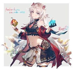  1girl atelier_(series) atelier_karia bare_shoulders benitama bomb coat eating explosive gloves highres holding holding_bomb horn_ornament horns karia_(atelier) navel necktie official_art pouch red_coat short_necktie skirt stomach white_skirt 