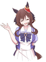  1girl animal_ears bow bowtie breasts brown_hair closed_eyes collarbone commentary_request ear_ornament facing_viewer gentildonna_(umamusume) hand_up head_tilt highres horse_ears horse_girl horse_tail jagili_noe large_breasts medium_hair open_mouth purple_bow purple_bowtie purple_shirt sailor_collar school_uniform shirt sidelocks simple_background skirt solo standing summer_uniform tail tracen_school_uniform umamusume white_background white_sailor_collar white_skirt 