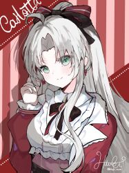 1girl absurdres ahoge black_bow black_bowtie blush bow bowtie breasts carlotta_(wuthering_waves) character_name closed_mouth commentary_request earrings green_eyes hair_bow hand_up highres hitsuki_(ruon) jacket jewelry long_hair looking_at_viewer medium_breasts parted_bangs pink_bow pizza-la red_jacket shirt sidelocks signature smile solo twitter_username upper_body white_hair white_shirt wuthering_waves 
