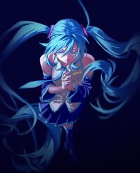  1girl baege_0 bare_shoulders black_background black_boots black_skirt blue_eyes blue_hair blue_nails blue_necktie blurry boots commentary depth_of_field detached_sleeves floating_hair full_body grey_shirt hatsune_miku interlocked_fingers korean_commentary long_hair mixed-language_commentary nail_polish necktie own_hands_together pleated_skirt shirt skirt sleeveless sleeveless_shirt solo standing thigh_boots twintails very_long_hair vocaloid 