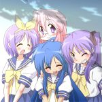  blue_eyes blue_hair closed_eyes eyes_closed glasses grin hiiragi_kagami hiiragi_tsukasa izumi_konata long_hair lucky_star mizushima_(p201112) multiple_girls purple_eyes purple_hair school_uniform serafuku short_hair smile takara_miyuki twintails violet_eyes wink 