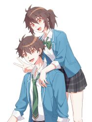 1boy 1girl blazer blue_jacket bow bowtie brown_hair collared_shirt commentary_request ensemble_stars! genderswap genderswap_(mtf) green_bow green_bowtie green_necktie hair_between_eyes highres jacket lapels layered_clothes looking_at_viewer morisawa_chiaki necktie notched_lapels open_clothes open_jacket open_mouth plaid_clothes plaid_skirt pleated_skirt ponytail red_eyes school_uniform shirt short_hair short_sleeves simple_background skirt sleeves_rolled_up smile standing szhr_chise teeth unbuttoned_jacket upper_teeth_only v white_background white_shirt wing_collar yumenosaki_school_uniform 
