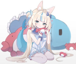  1girl :3 ahoge animal_ear_fluff animal_ears bikini bikini_top_under_shirt bikini_under_clothes blonde_hair blue_bow blue_eyes blue_sailor_collar blue_streaks blunt_bangs blurry blurry_background bow cat_ears closed_mouth commentary depth_of_field dot_nose dress fins fish_girl fish_tail frilled_dress frilled_pillow frilled_sailor_collar frills full_body gwi_dong_nyang hair_bow hair_ornament hands_up head_tilt heart heart-shaped_pillow highres holding holding_stuffed_toy indie_virtual_youtuber invisible_floor kaniki_(sameko_saba) lifebuoy_anklet lifebuoy_hair_ornament light_smile long_hair looking_at_viewer loose_hair_strand low_twintails multicolored_hair on_floor one_side_up pale_colors paper_boat pillow sailor_collar sailor_dress sameko_saba sameko_saba_(1st_costume) sameko_saba_(fish) scrunchie short_dress sidelocks simple_background sitting sleeveless sleeveless_dress solo streaked_hair striped_bikini striped_bow striped_clothes stuffed_animal stuffed_crab stuffed_fish stuffed_toy swimsuit tail twintails two-tone_hair very_long_hair virtual_youtuber wariza white_background white_dress wrist_scrunchie 