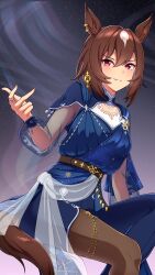  1girl absurdres animal_ears asymmetrical_pants belt blue_dress blue_pants blush breasts brown_belt brown_hair brown_pants chaosdgm3 dress ear_ornament hair_between_eyes highres horse_ears horse_girl horse_tail jewelry long_hair long_sleeves multicolored_hair official_alternate_costume official_alternate_hairstyle pants parted_lips red_eyes ring see-through_clothes see-through_sleeves sirius_symboli_(louve_stellaire)_(umamusume) sirius_symboli_(umamusume) smile solo streaked_hair tail two-tone_pants umamusume white_hair 